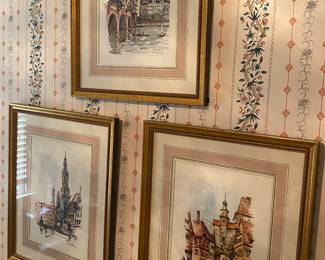 Set of Framed German Street Scene Prints