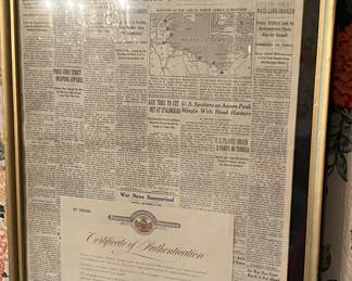 WW2 Era Framed N.Y. Times Newspaper