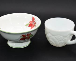Misc Lot: Christmas bowl and milk glass mug