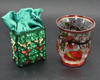 sequined gift bag and crackled glass candle holder
