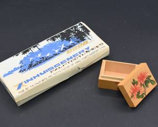 box of Palm toothpicks and tiny wooden box