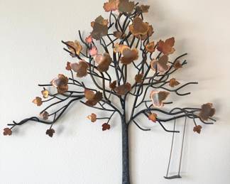 Vintage Stege Mid-Century Modern Metal Wall Sculpture – Tree with Copper Leaves & Swing | $400