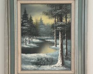 Cantrell Winter Landscape Oil Painting – Snowy Forest Scene with River | $300