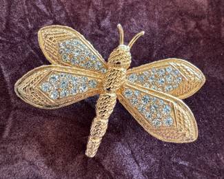 Vintage Rhinestone Dragonfly Brooch Gold Tone Insect Pin Statement Jewelry