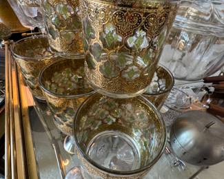Mid-Century Culver-Style Gold & Green Moroccan Glasses – Vintage Barware Set