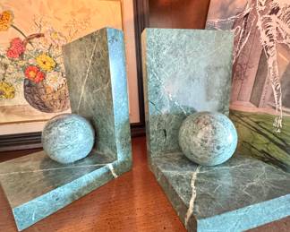 Vintage Green Marble Sphere Bookends – Mid Century Modern Stone Decor Pair