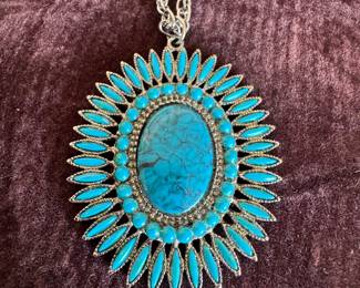 Turquoise Glass Cabochon Sunburst Pendant Necklace – Bold Boho Statement Jewelry