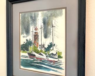 Framed Balmer 1977 Artwork – Maritime Harbor Scene Watercolor | $200