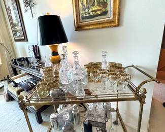 Vintage Brass Bar Cart with Crystal Decanters, Gold Rimmed Glassware & Mid-Century Barware