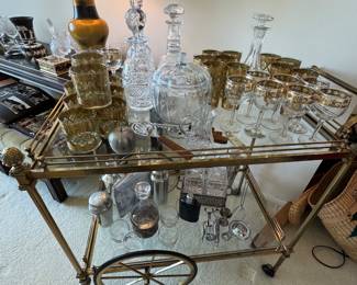 Hollywood Regency Style Metal Bar Cart with Glass Shelves