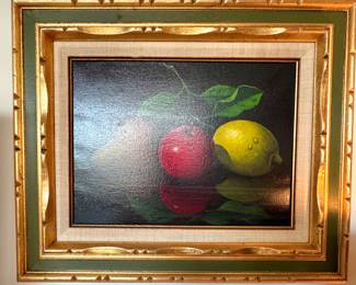 Vintage Still Life Oil Painting Signed Eine 1976 – Apple & Lemon in Frame | $250