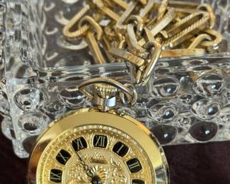 Stauer Gold Pocket Watch – Roman Numerals, Ornate Embossed Case with Chain