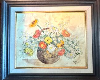 Vintage Ann Pine Oil Painting – Colorful Floral Bouquet in Impasto Style | $150