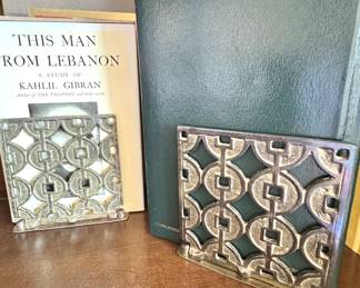 Mid-Century Modern Cast Metal Bookends – Geometric Lattice Design, Heavy Silver-Tone Pair
