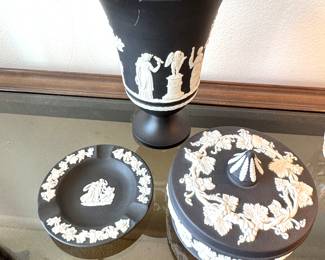 Wedgwood Black Basalt Jasperware Set – Vase, Covered Box & Dish – Made in England