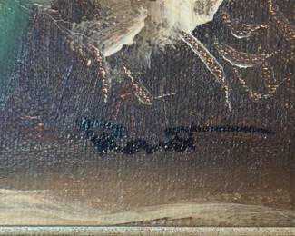 Rant 1974 Signed Oil Painting – Floral Still Life with White Roses & Turquoise Vase