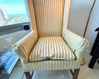 Retro Yellow & White Striped Wingback Armchair – Mid-Century Traditional Style