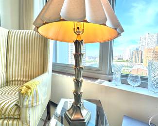 Hollywood Regency Brass Table Lamp with Scalloped Pleated Shade – Mid Century Modern Lighting