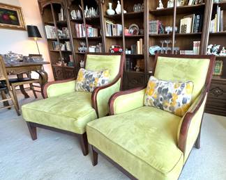 Pair of Walter E. Smithe Designer Accent Chairs – Retro Lime Green with Mahogany Finish