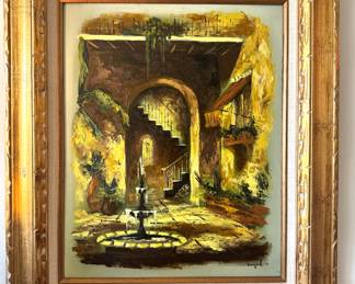 Framed Myrl Signed Painting – Mid-Century Courtyard & Staircase Artwork | $500