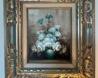 Vintage 1974 Rant Oil on Canvas – Textured Floral Bouquet in Ornate Frame | $350