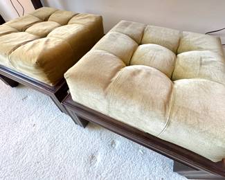 Pair of Vintage Mid-Century Tufted Ottomans – Wood Base Footstools Retro Seating
