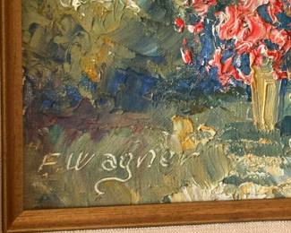 E. Wagner 1976 Signed Oil Painting – Colorful Floral Market Street Scene