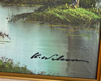 R. Wilson Signed Landscape Oil Painting – River Scene with Trees in Ornate Frame