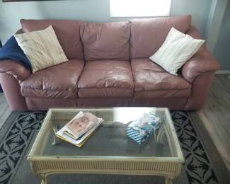 Mauve leather couch by Leathercraft made in North Carolina. Coffee table
