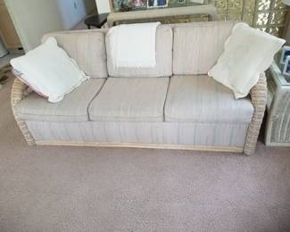 Wicker couch; glass top wicker end table - two available