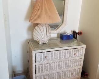 Glass top wicker 3-drawer dresser; table lamp; mirror