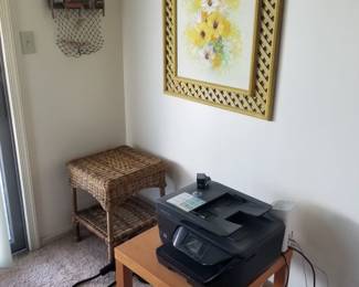 Wicker table; end table; printer; floral art