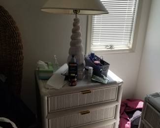 3-drawer nightstand; table lamp