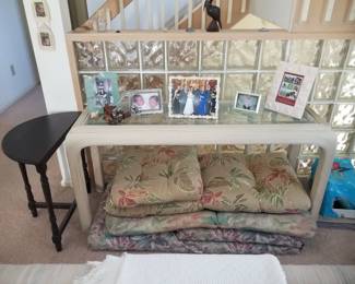 Glass top foyer table; black demilune table