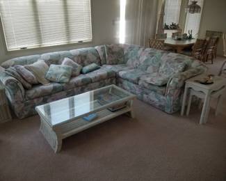 Floral sofa; glass top coffee table matches end tables