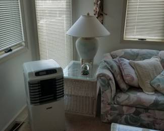 Glass top wicker end table - two available; table lamp