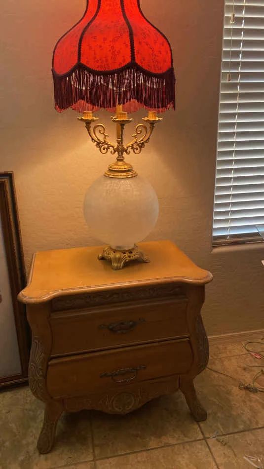 Large Metal And Glass Lamp, And Side Table