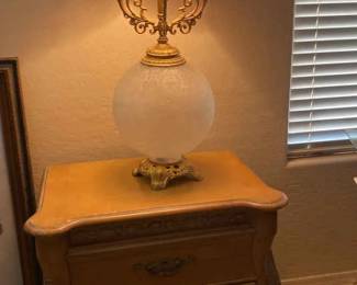 Large Metal And Glass Lamp, And Side Table