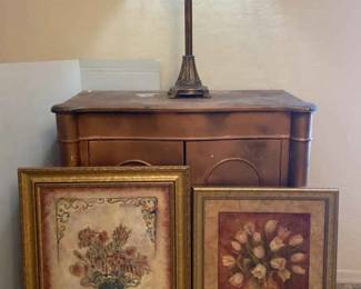 Two Framed Flower Paintings, Fancy Lamp, And Cabinet.