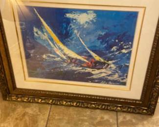 Blue Sailing Print Signed, Matted And Framed