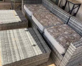 Three Piece Patio Sofa, Two Ottomans And Side Table