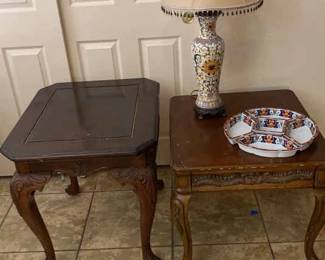 Two End Tables Along With A Lamp And Chipping Dip Set