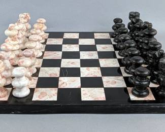 Polished Black and Pink Onyx Chess Set With Pieces, Board Measures 10.5" x 10.5"
