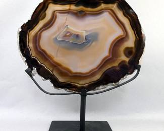 Brazilian Banded Agate Slice On Metal Display Stand, 10.25" Tall