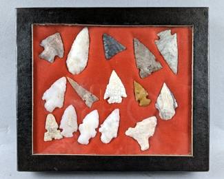 Native American Indian Bird Point Arrowheads, Qty. 15, In Glass Display Box, 6.25" x 5.25"