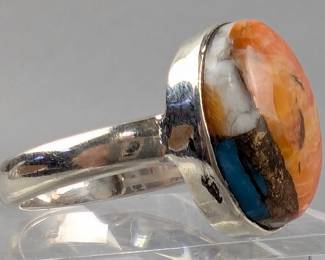Sterling Silver And Spiny Oyster Copper Turquoise Ring, 925 Silver, Size 7