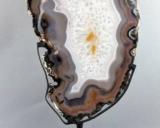 Brazilian Banded Agate Slice On Metal Display Stand, 17" Tall