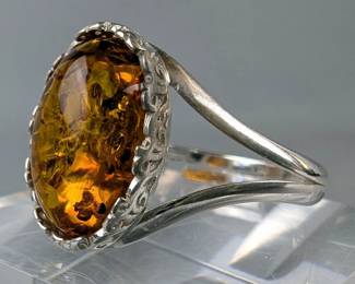 Sterling Silver And Baltic Amber Ring, 925 Silver, Size 9