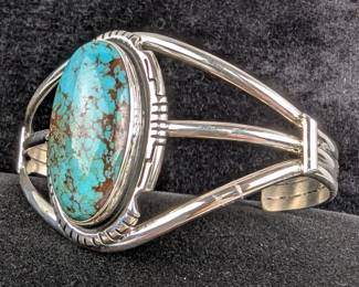 Sterling Silver And Boulder Turquoise Cabochon Cuff Bracelet, 925 Silver, Artist Signed "A Kee", 2.43"