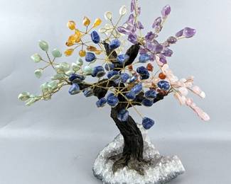Polished Multi Stone Gemstone Tree On Geode Base, Amethyst, Citrine, Carnelian Agate, Rose Quartz, And More, 179 Stones, 14" Tall